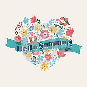 Hello Summer Vintage flowers in shape of a heart on white background