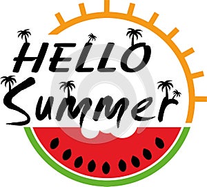 Hello summer with watermelon and palm tree sun image with svg vector
