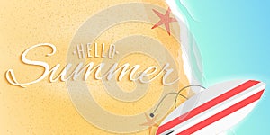 Hello summer web banner. Surfboard on the beach. Starfish and tide sea. Seasonal cover. Vector illustration
