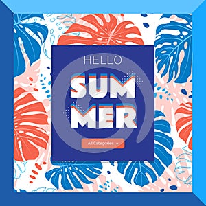 Hello summer web banner, Tropical leaves background. Flat vector illustration