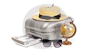 Hello summer. Womens accessories traveler: suitcase, straw hat, sunglasses and globe isolated on white background with