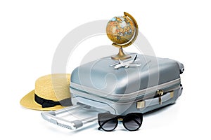Hello summer. Womens accessories traveler: suitcase, straw hat, sunglasses and globe isolated on white background with empty space