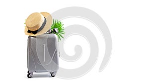 Hello summer. Womens accessories traveler: suitcase straw hat sunglasses isolated on white background with empty space for text