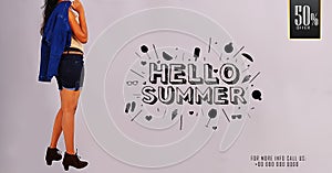 `Hello Summer` Young girl posing on summer sale promotional banner templates.