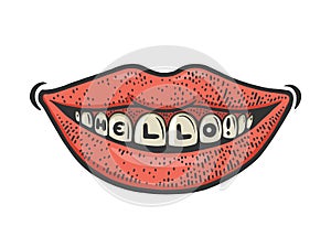 Hello on teeth color sketch raster illustration