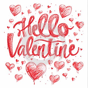 Hello Valentine calligraphy lettering with hearts on white background. Valentines Day quote. AI generated template for typography