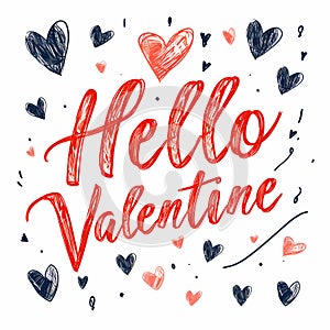 Hello Valentine calligraphy lettering with hearts on white background. Valentines Day quote. AI generated template for typography