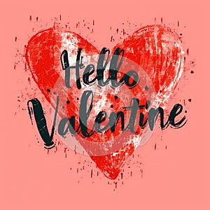 Hello Valentine calligraphy lettering on red doodle heart. Valentines Day quote. AI generated template for typography poster,