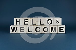 Hello and Welcome. The cubes form the word Hello and Welcome. Extensive Hello and Welcome word concept