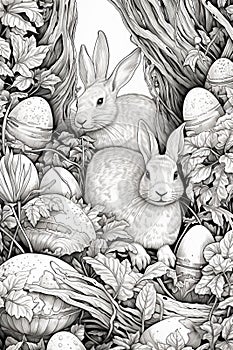 two rabbits in a garden of flowers.