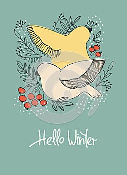 Hello Winter background with birds pecking berries photo