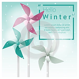 Hello winter background with colorful pinwheels