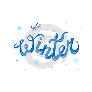 Hello Winter, bounce style blue lettering with ornate snowflakes