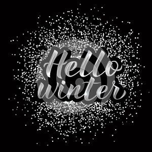 Hello Winter calligraphy lettering silver textured background. 3d hand lettering. Winter party disco typography poster. Vector