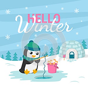 Hello winter card with fishing penguin