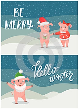 Hello Winter Christmas Wishes Boy and Girl Piglets