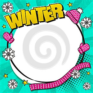 Hello Winter Comic round frame with Winter knitting in popart style