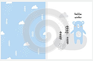 Hello Winter. Cute Woodland Vector Illustration and Seamless Pattern.