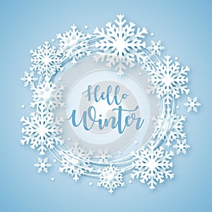 Hello Winter design background. Origami snowfall.