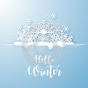 Hello Winter design background. Origami snowfall.