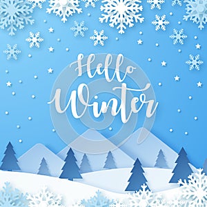 Hello Winter design background. Origami snowfall.