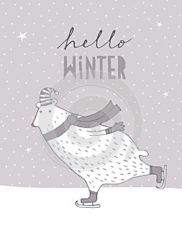 Hello Winter. Funny Vector Illustration with White Polar Bear Ice Skating.