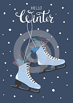 Hello winter greeting card with hanging skated decorated with branches