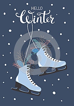 Hello winter greeting card with hanging skated decorated with branches photo