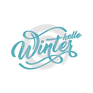 Hello Winter handlettering inscription. Green to blue text on a white background. Winter logos and emblems for