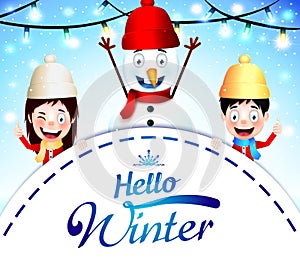 Hello Winter With Happy Kids And Snowman Greeting Vector Illustration