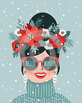 Hello Winter. illustration of young woman. Trendy retro style. Vector design