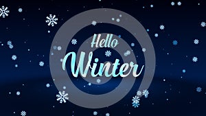 Hello Winter Lettering On Magic Dark Blue Shiny Snowflakes Particles Falling Glitter Sparkles Dust With Light Floor