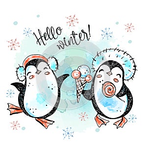 Hello winter. Merry Christmas penguins in ice cream hats. New Year's card. Watercolor graphics. Vector.