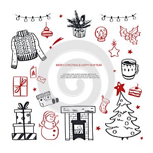 Hello Winter and Merry Christmas vector hand drawn set. New year holiday congratulation. Cozy vintage styled collection