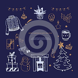 Hello Winter and Merry Christmas vector hand drawn set. New year holiday congratulation. Cozy vintage styled collection