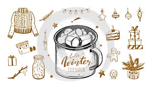 Hello Winter and Merry Christmas vector hand drawn set. New year holiday inspirational mood. Cozy vintage styled