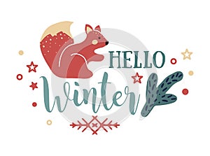 Hello winter phrase, winter vector illustration with a squirrel