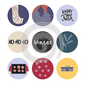 Hello, Winter. Set of cute vector objects: scarf, trees, gift, cockies