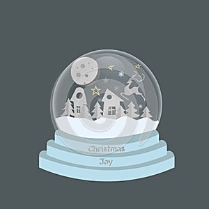 Hello winter snow globe. Glass bauble with glass sphere. House, Christmas tree and snowflakes. Ball toy with Christmas decor flat