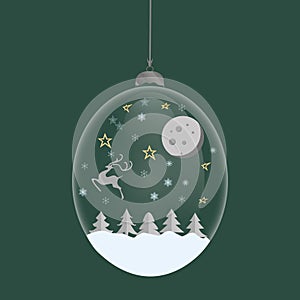 Hello winter snow globe. Glass bauble with glass sphere. House, Christmas tree and snowflakes, deer, moon. Ball toy with Christmas