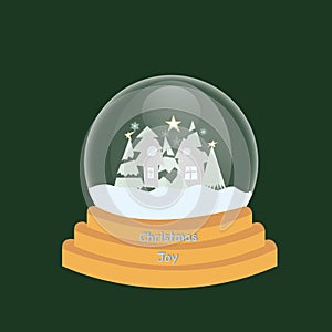 Hello winter snow globe. Glass bauble with glass sphere. House, Christmas tree and snowflakes. Ball toy with Christmas decor flat