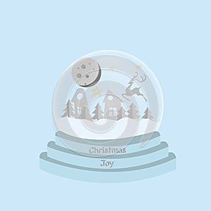 Hello winter snow globe. Glass bauble with glass sphere. House, Christmas tree and snowflakes. Ball toy with Christmas decor flat