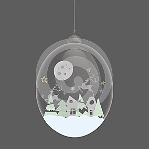 Hello winter snow globe. Glass bauble with glass sphere. House, Christmas tree and snowflakes. Ball toy with Christmas decor flat