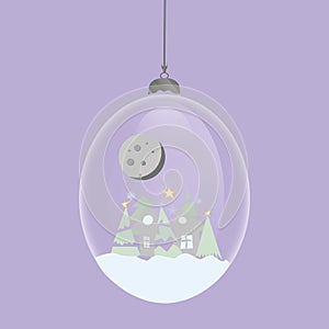 Hello winter snow globe. Glass bauble with glass sphere. House, Christmas tree and snowflakes, deer, moon. Ball toy with Christmas