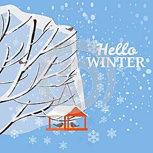 Hello Winter, snow landscape, bird feeder with feed, birds, tree covered with snow, vector, illustration, isolated