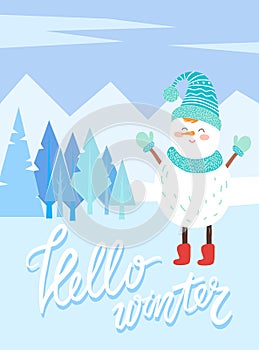 Hello Winter Snowman Character in Snowy Forest