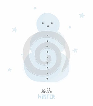 Hello Winter. Sweet Nursery Vector Art with Cute Hand Drawn Snowman Isolated on a Starry White Background.