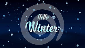 Hello Winter Text Reveal On Magic Dark Blue Shiny Snowflakes Particles Falling With Shimmering Glitter Sparkles Dust