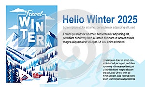 Hello Winter Travel Christmas Holiday brochure pages layout modern design Alps panorama snow sports ski Hotel