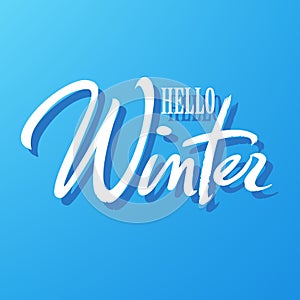 Hello winter typography. Hand written lettering. White text isolated on blue background. Winter holidays calligraphy